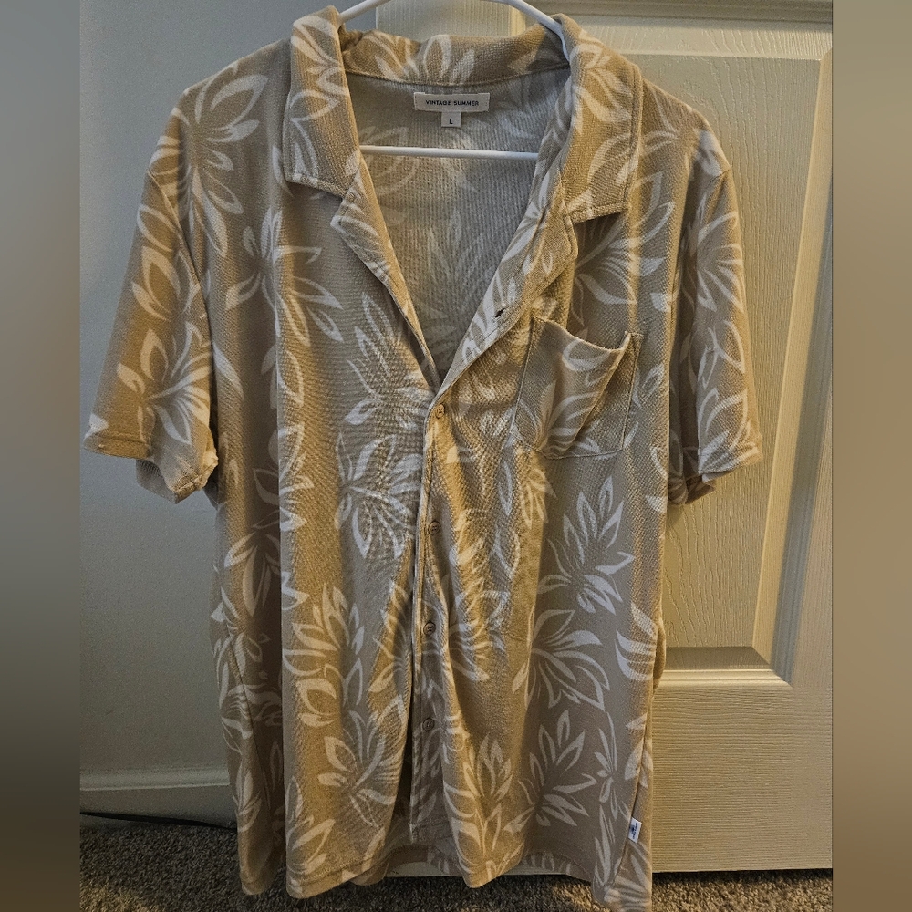 Tan Floral Men's Shirt Towel Feel Button Up